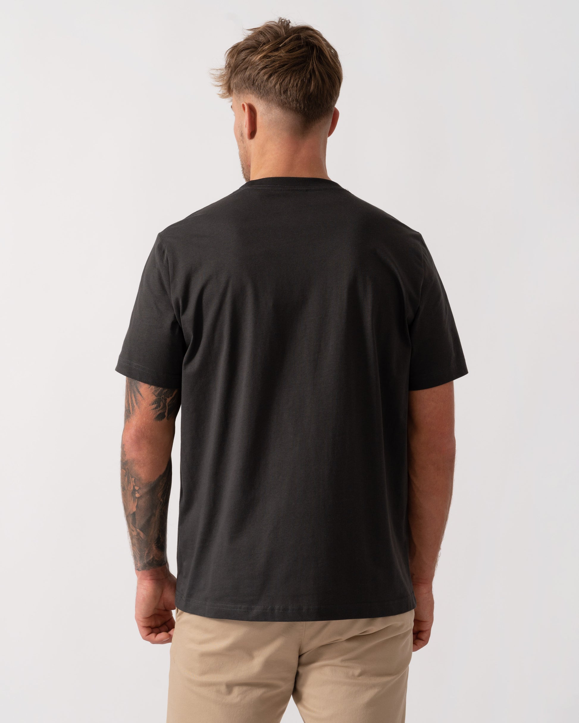 Model wearing PS Paul Smith Mens Regular Fit Fabric Skull T-Shirt in 76 Grey - Back