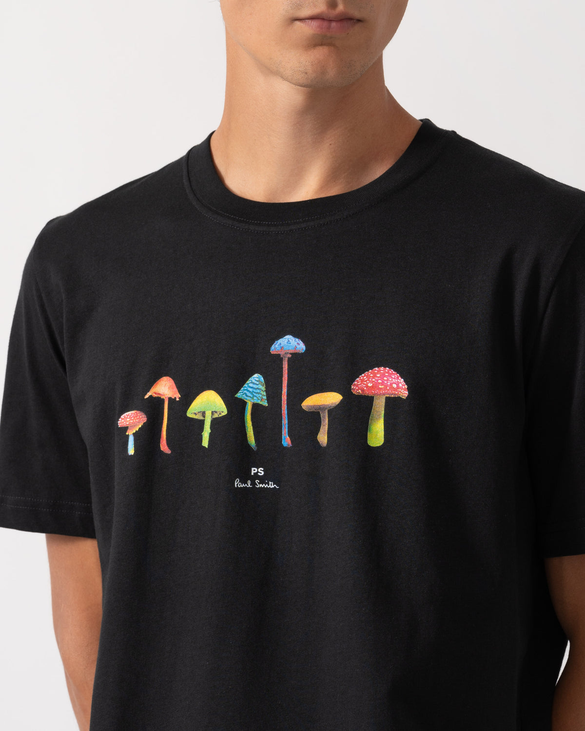 Close up of PS Paul Smith Mens Regular Fit Mushrooms Graphic T-Shirt - 79 Black