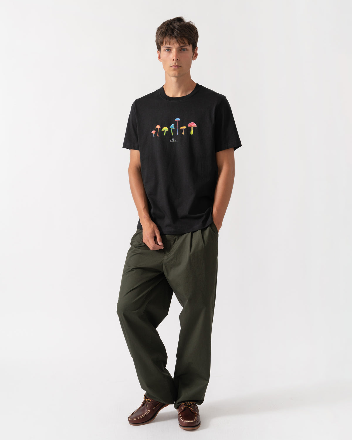 Outfit shot of PS Paul Smith Mens Regular Fit Mushrooms Graphic T-Shirt - 79 Black