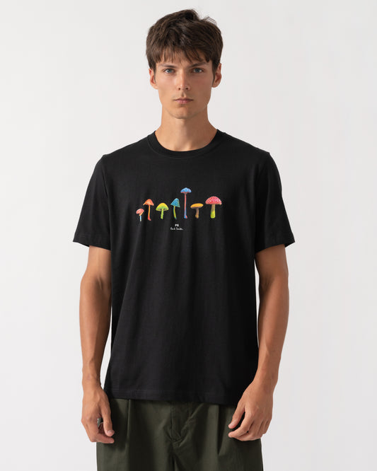 Front of PS Paul Smith Mens Regular Fit Mushrooms Graphic T-Shirt - 79 Black