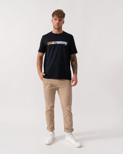 Model wearing PS Paul Smith Ticket Stub T-Shirt in 49 Blue - Full Length