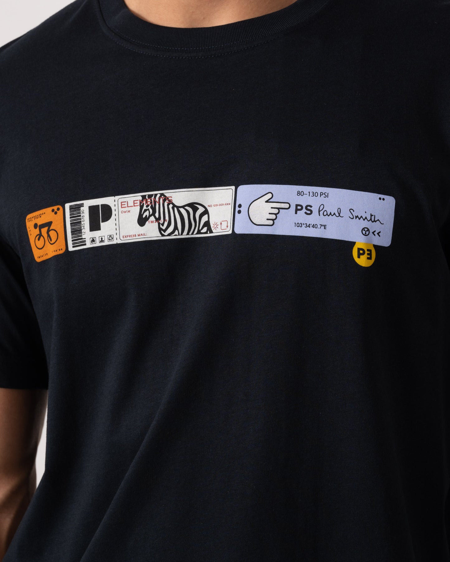 Model wearing PS Paul Smith Ticket Stub T-Shirt in 49 Blue - Graphic detail