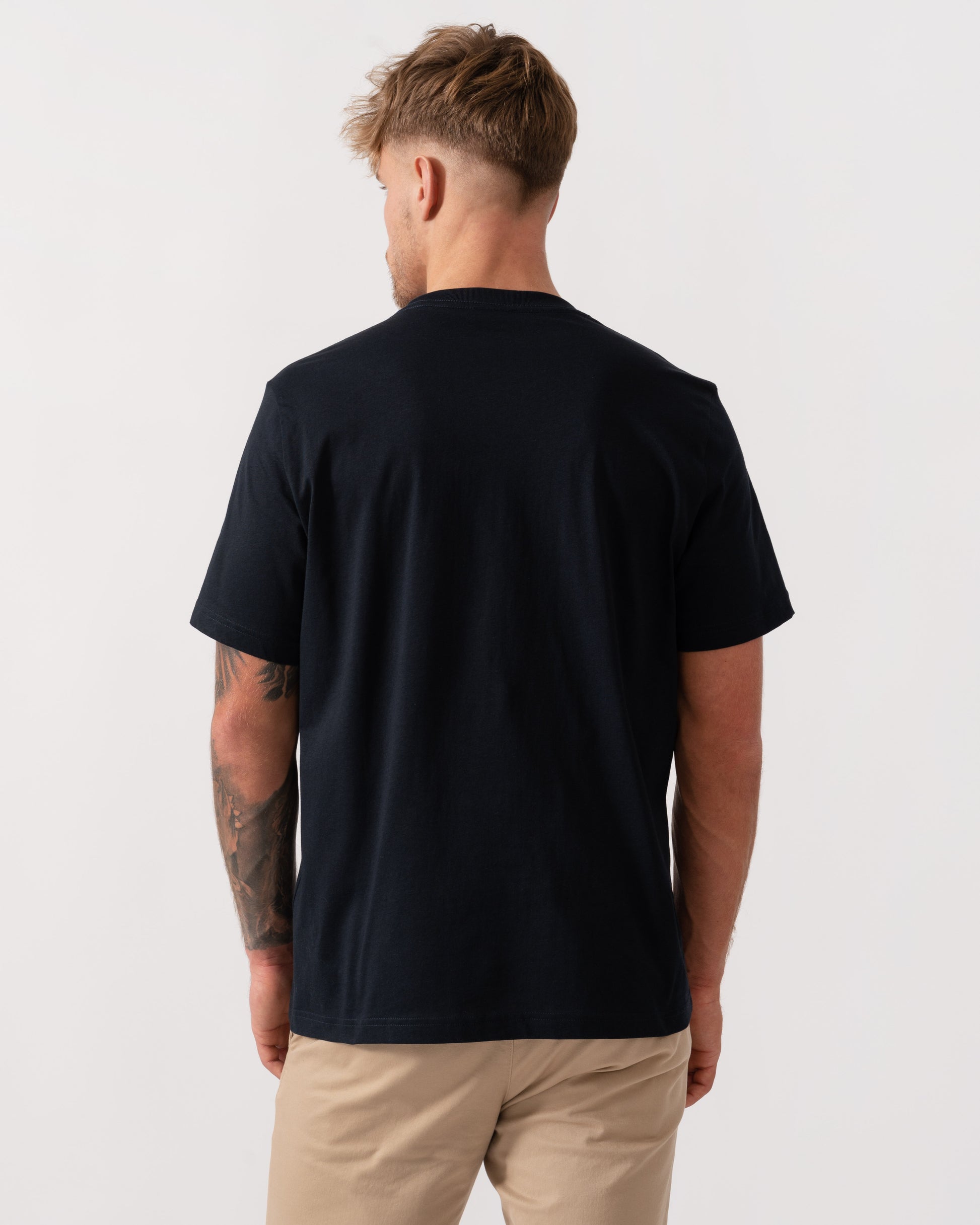 Model wearing PS Paul Smith Ticket Stub T-Shirt in 49 Blue - Back