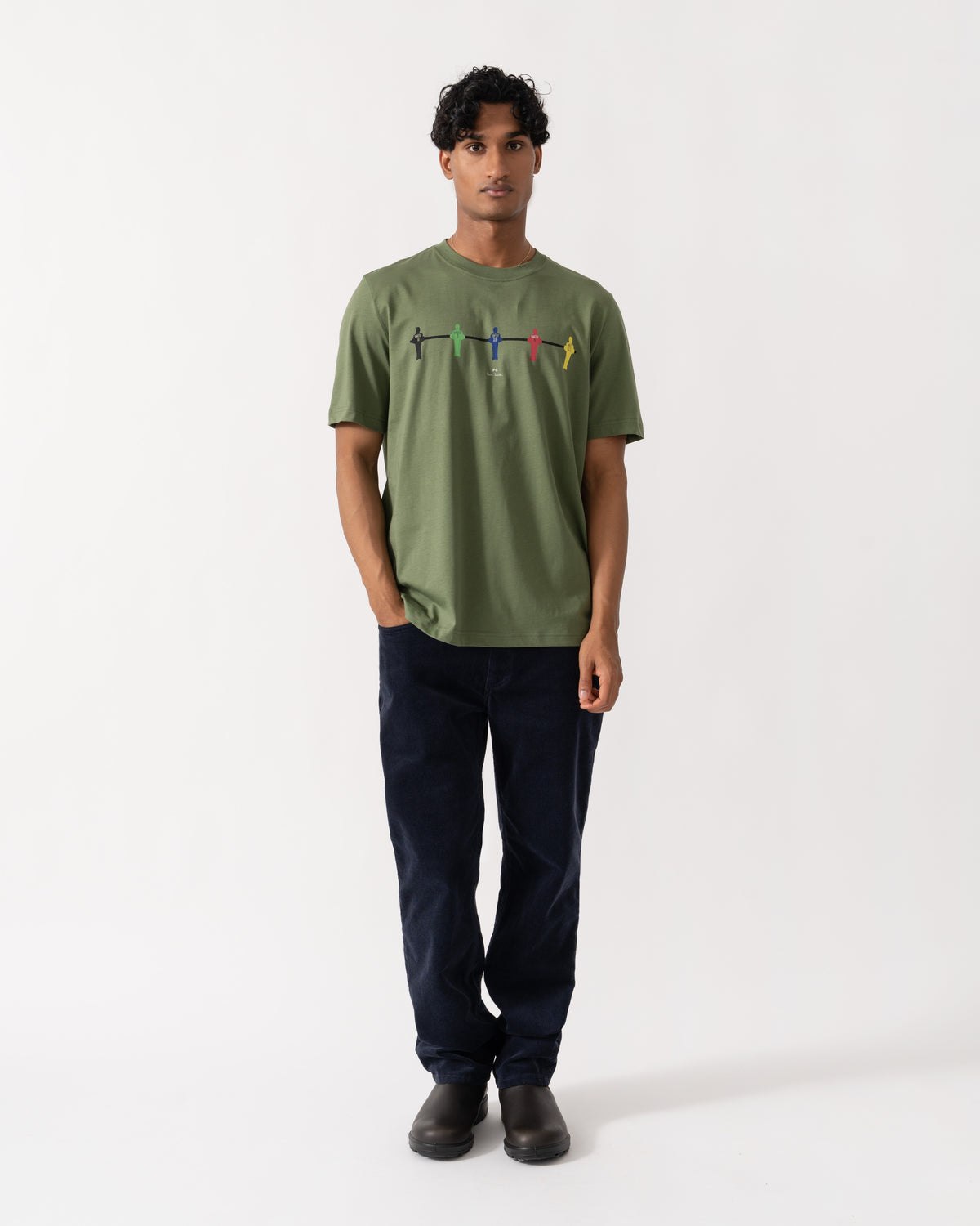 Man wearing PS Paul Smith Mens Regular Fit Table Football Graphic T-Shirt - 35D Military Green