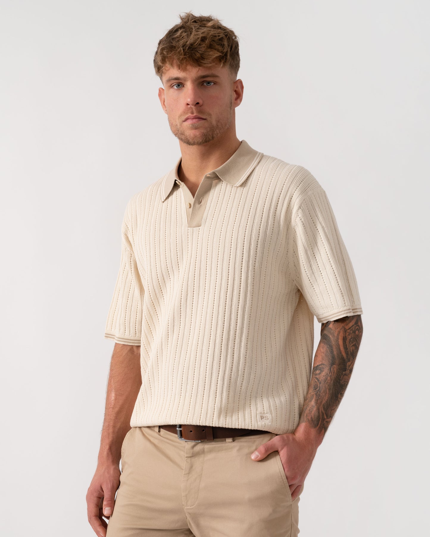 Model wearing PS Paul Smith Mens Rib Knitted Polo in 04 White - main
