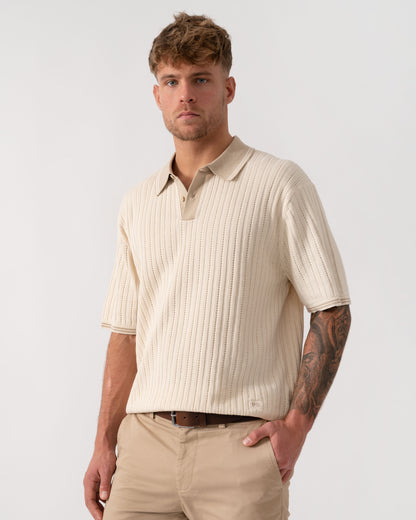 Model wearing PS Paul Smith Mens Rib Knitted Polo in 04 White - main