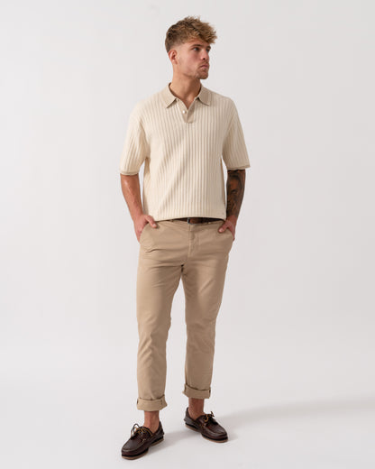 Model wearing PS Paul Smith Mens Rib Knitted Polo in 04 White - Full Length