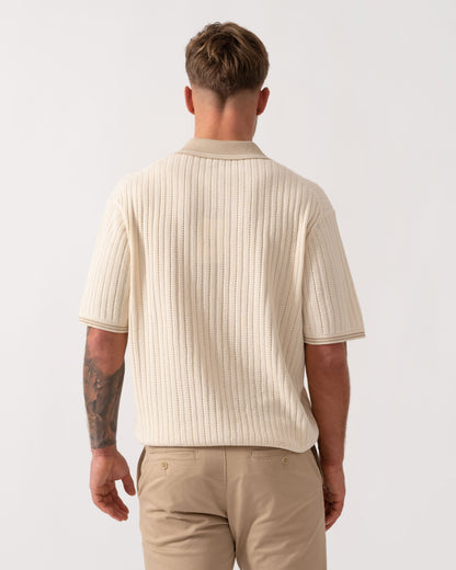 Model wearing PS Paul Smith Mens Rib Knitted Polo in 04 White - Back