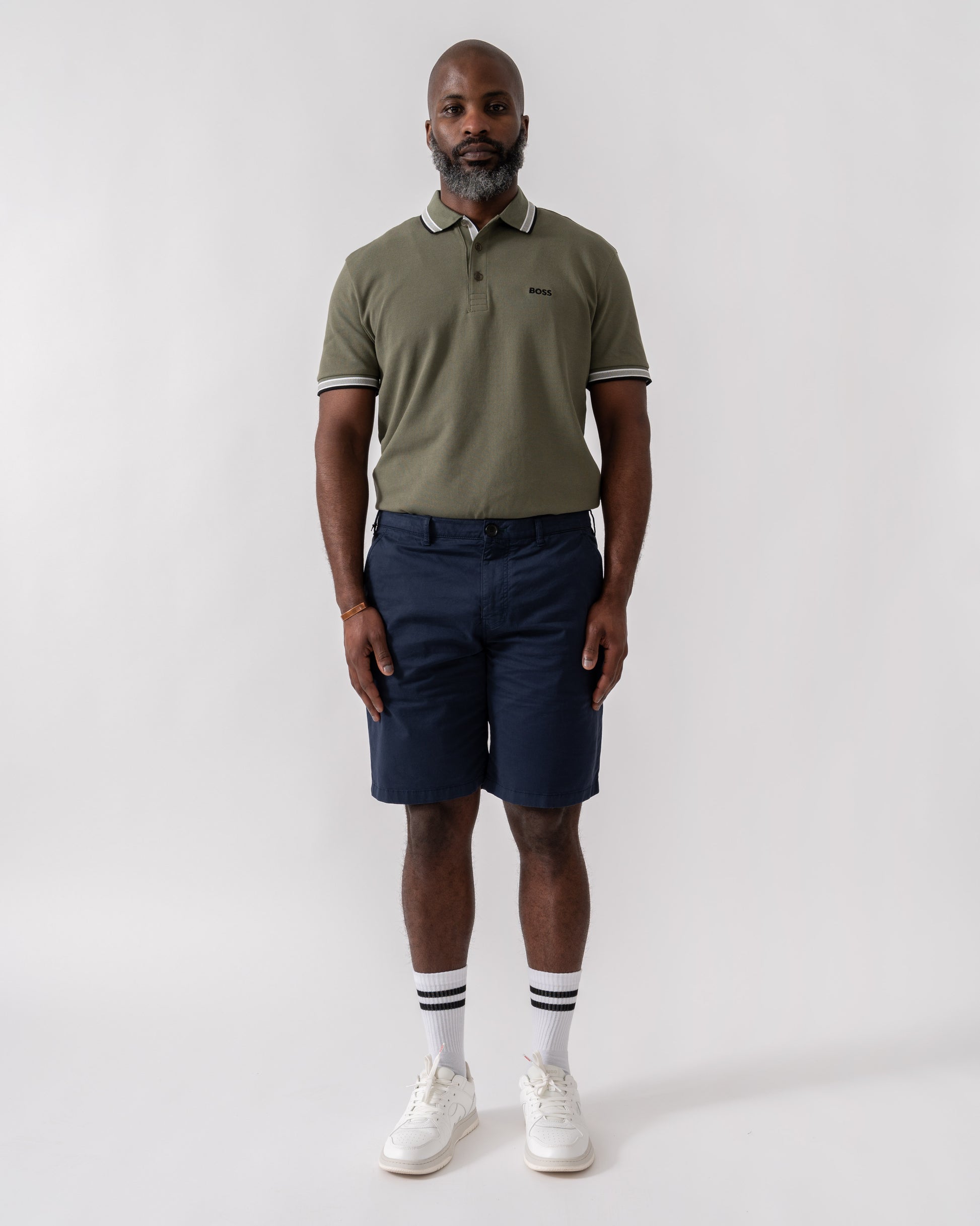 Model wearing PS Paul Smith Mens Shorts in 49 Very Dark Navy - Full Length