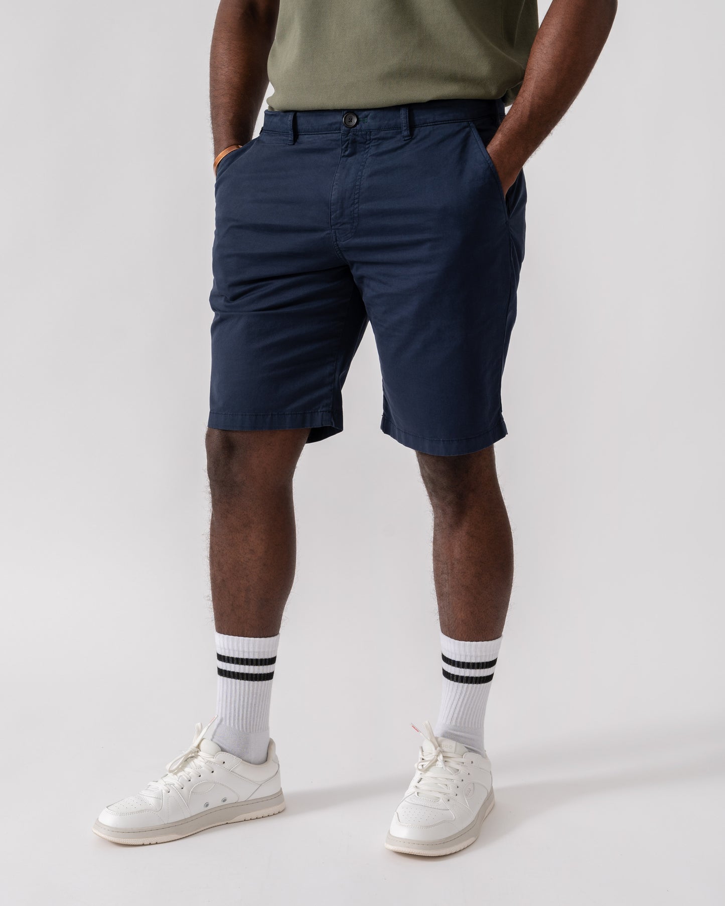 Model wearing PS Paul Smith Mens Shorts in 49 Very Dark Navy - Front