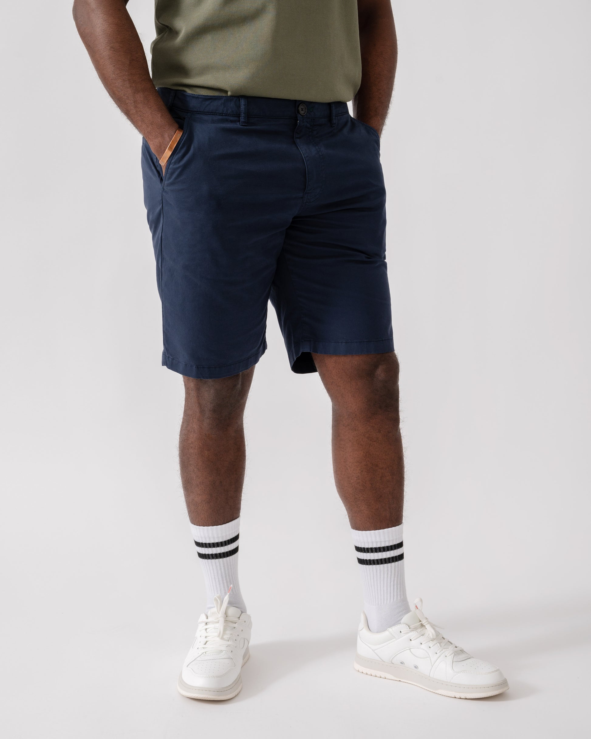Model wearing PS Paul Smith Mens Shorts in 49 Very Dark Navy - Front side
