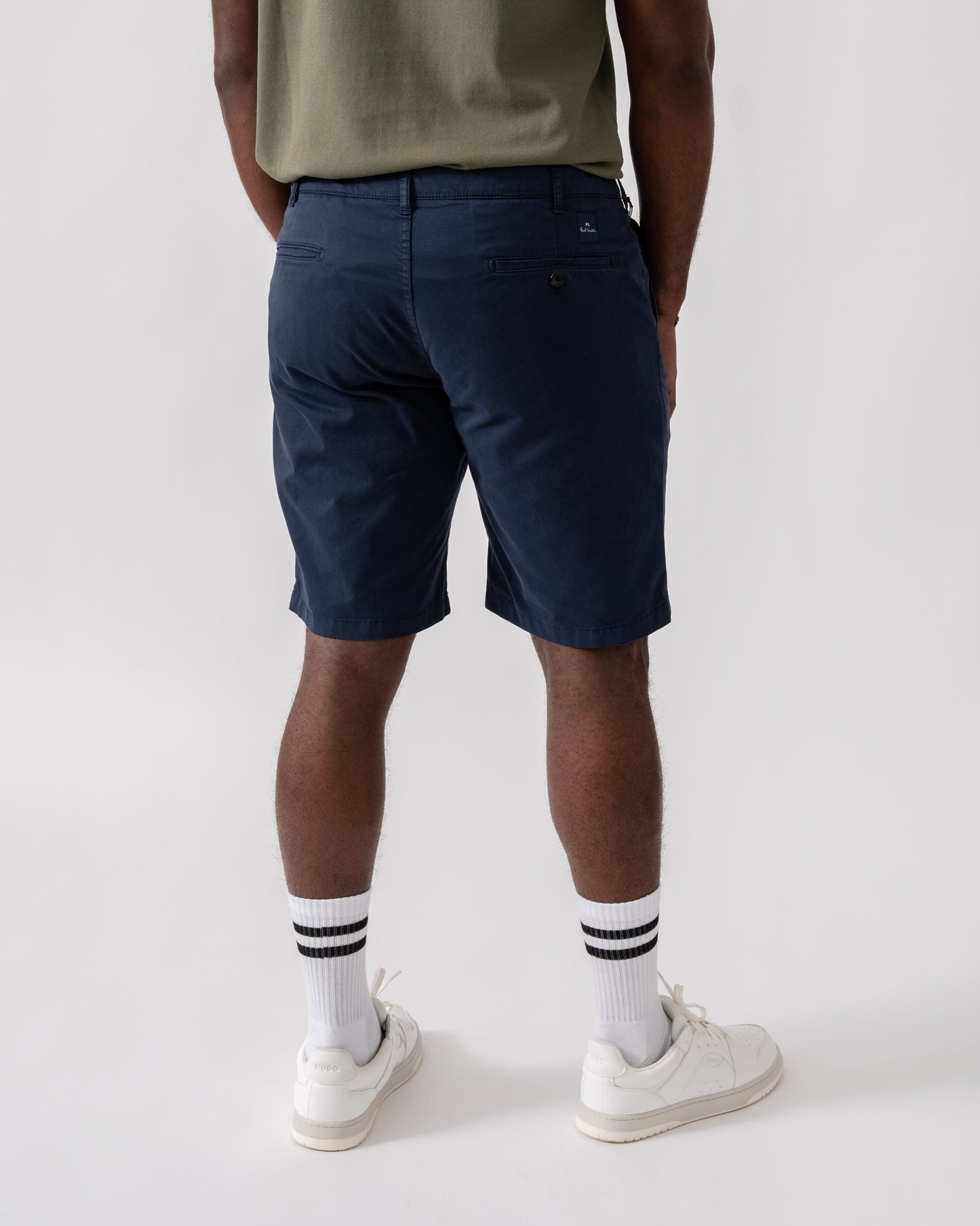 Model wearing PS Paul Smith Mens Shorts in 49 Very Dark Navy - Back