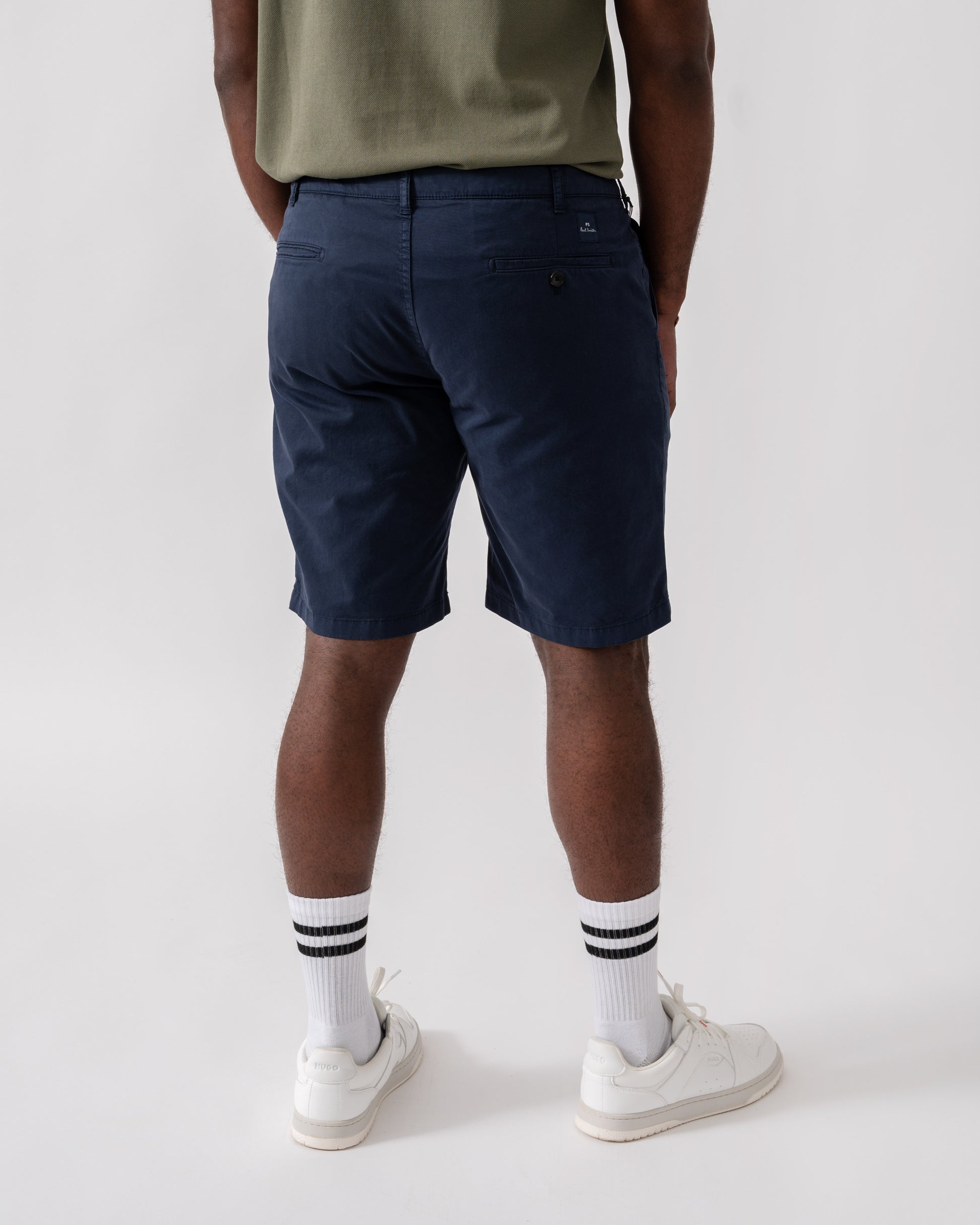 Model wearing PS Paul Smith Mens Shorts in 49 Very Dark Navy - Back