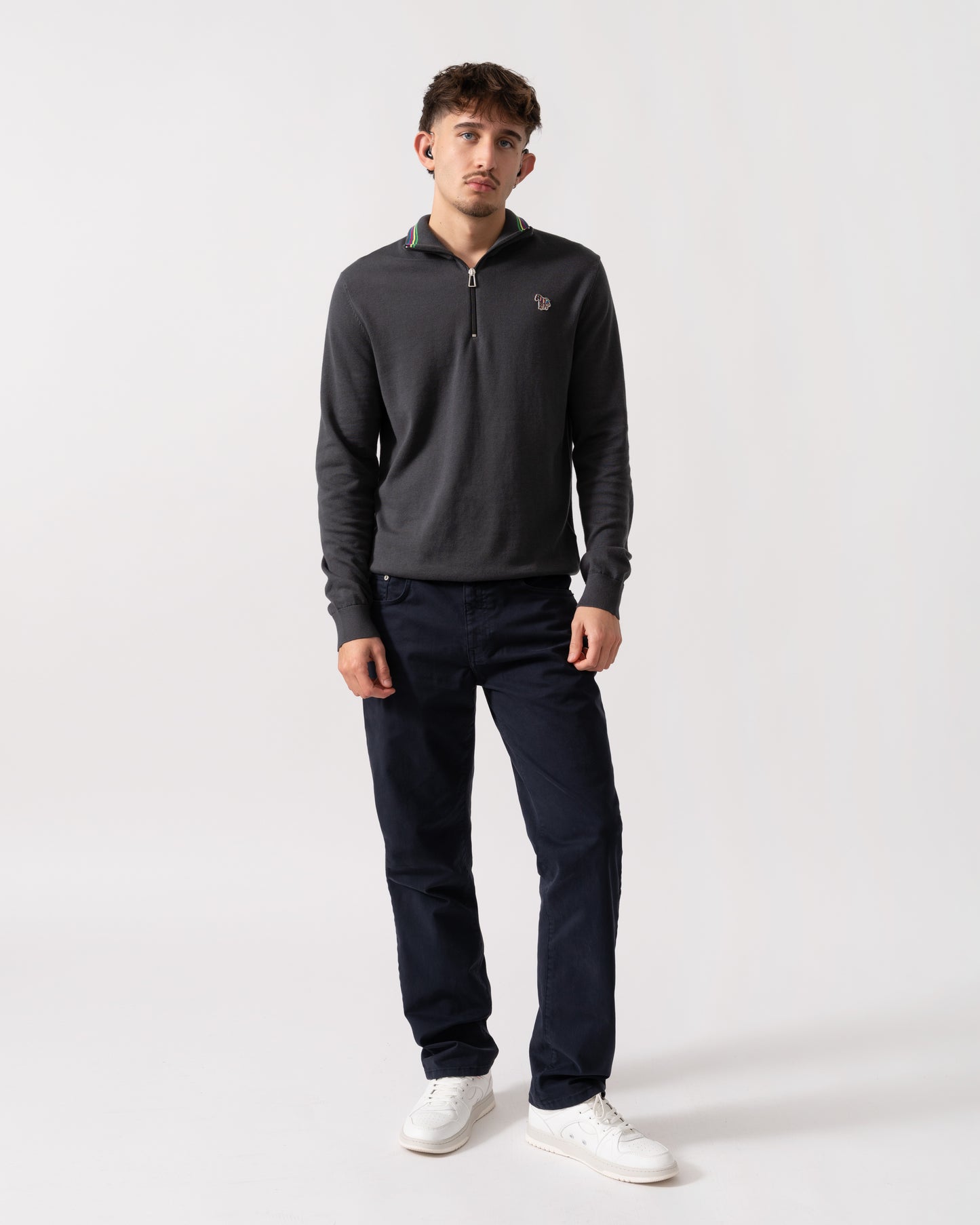 Model is wearing GANT Mens Regular Fit Desert Jeans in 433 Evening Blue - Full length