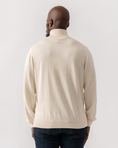 Model wearing PS Paul Smith Mens Zip Neck Zebra Badge Sweater in 04 White -back