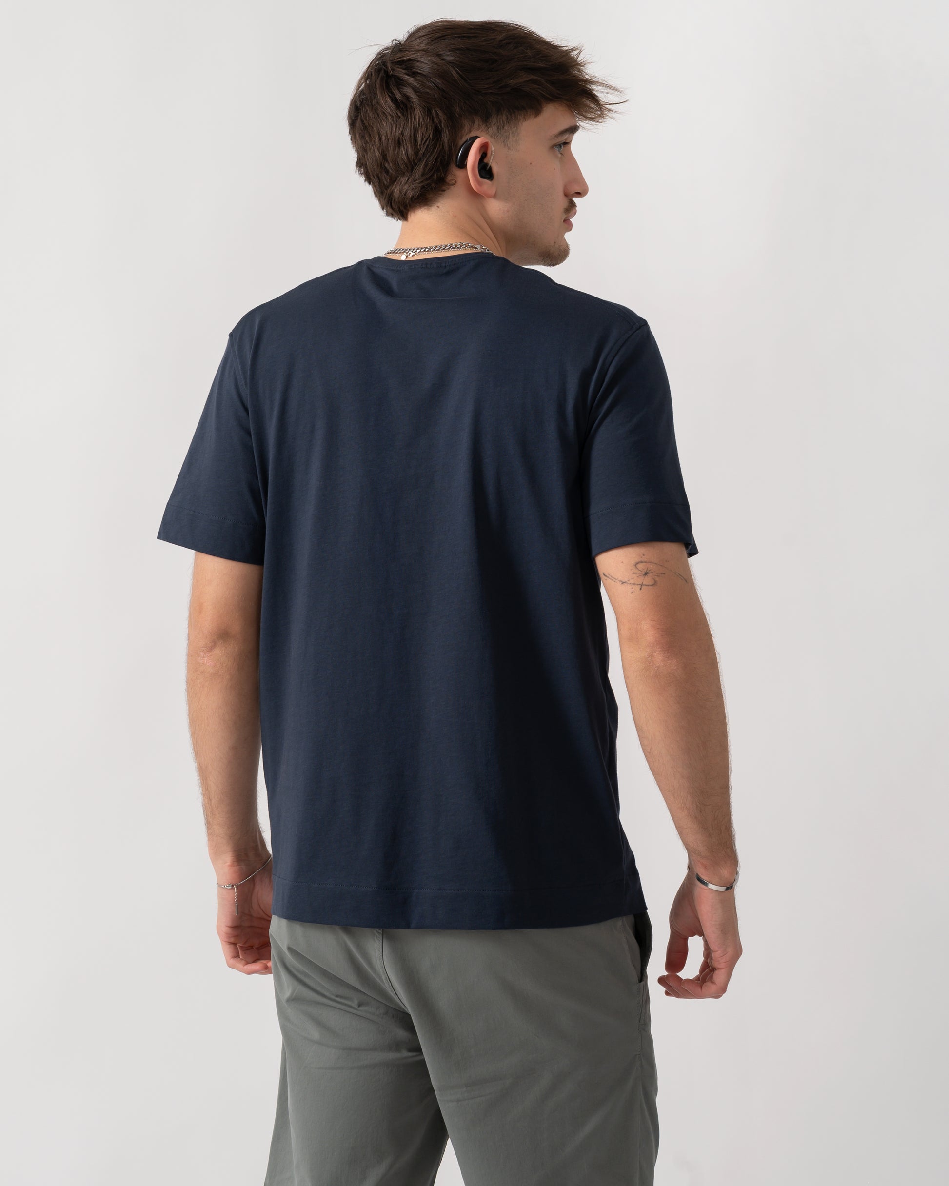 back shot of a model wearing a Parajumpers Baildon Mens T-Shirt in Ink Blue 571