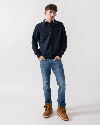 full length shot of a model wearing a Parajumpers Broad Peak Mens quarter Zip Sweatshirt in Blue Navy 316
