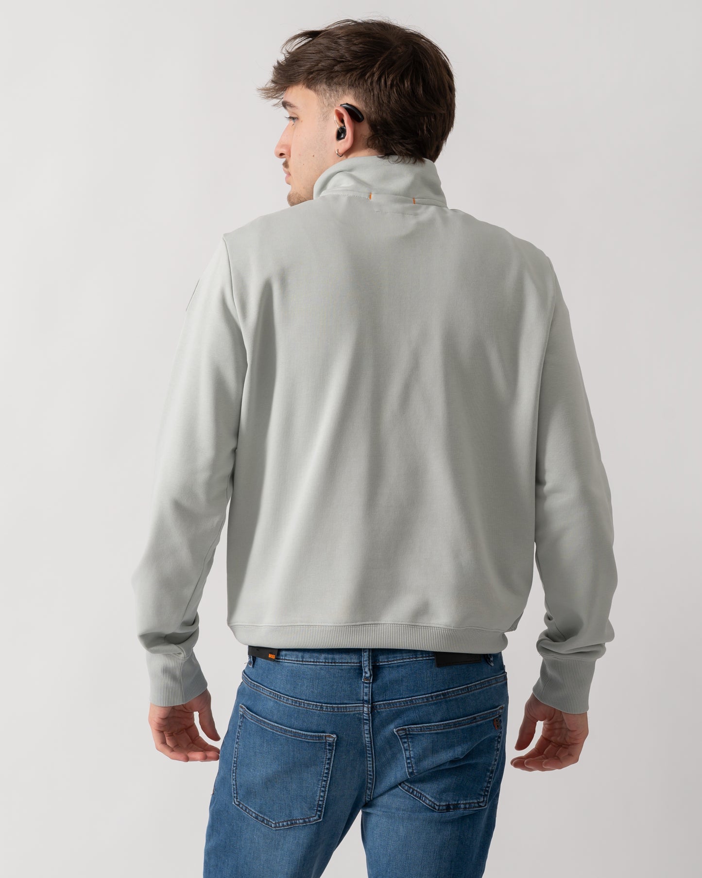 back shot of a model wearing a Parajumpers Broad Peak Mens 1/4 Zip Sweatshirt in Fresh Grey 271