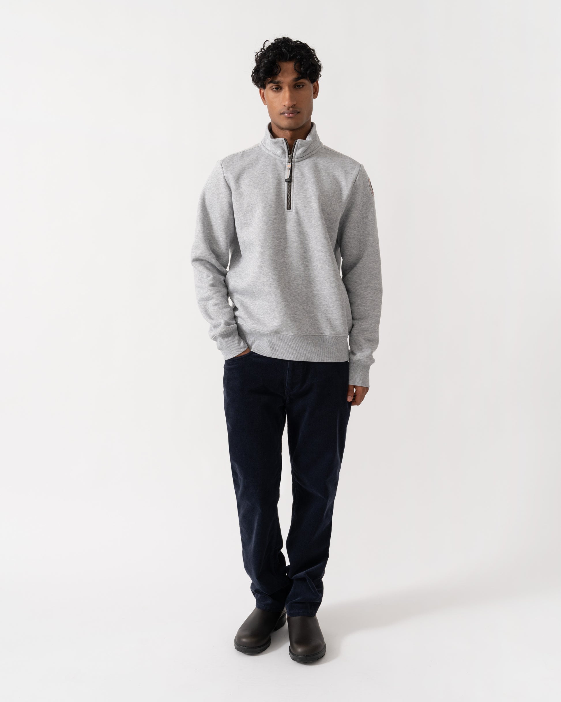 Man wearing Parajumpers Broad Peak Mens Quarter Zip Sweatshirt - Ash Grey Melange 608