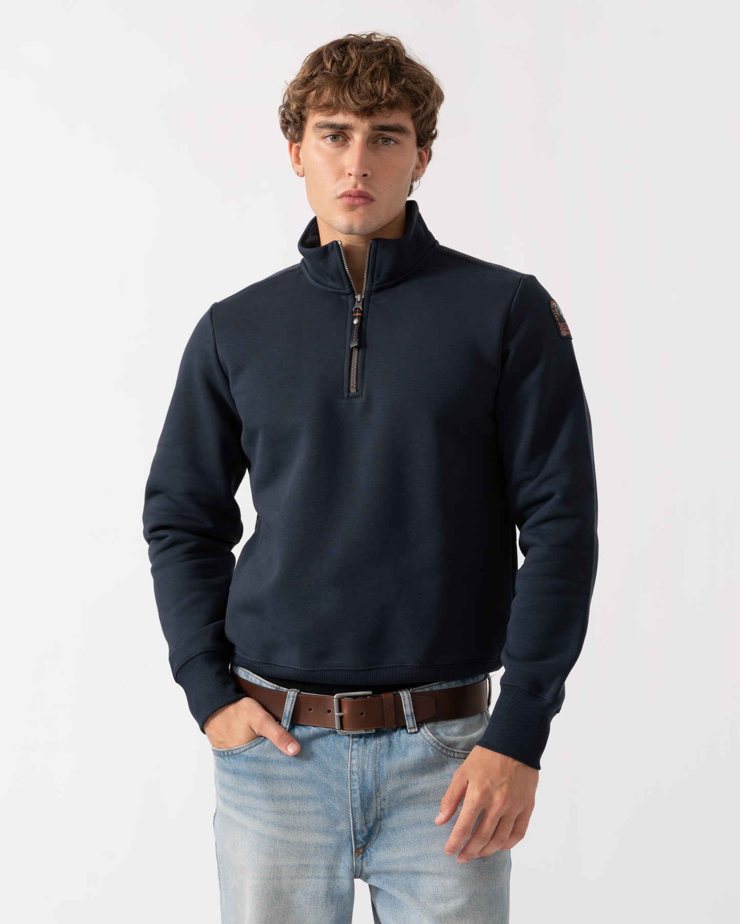 Man wearing Parajumpers Broad Peak Mens Quarter Zip Sweatshirt - Blue Navy 316