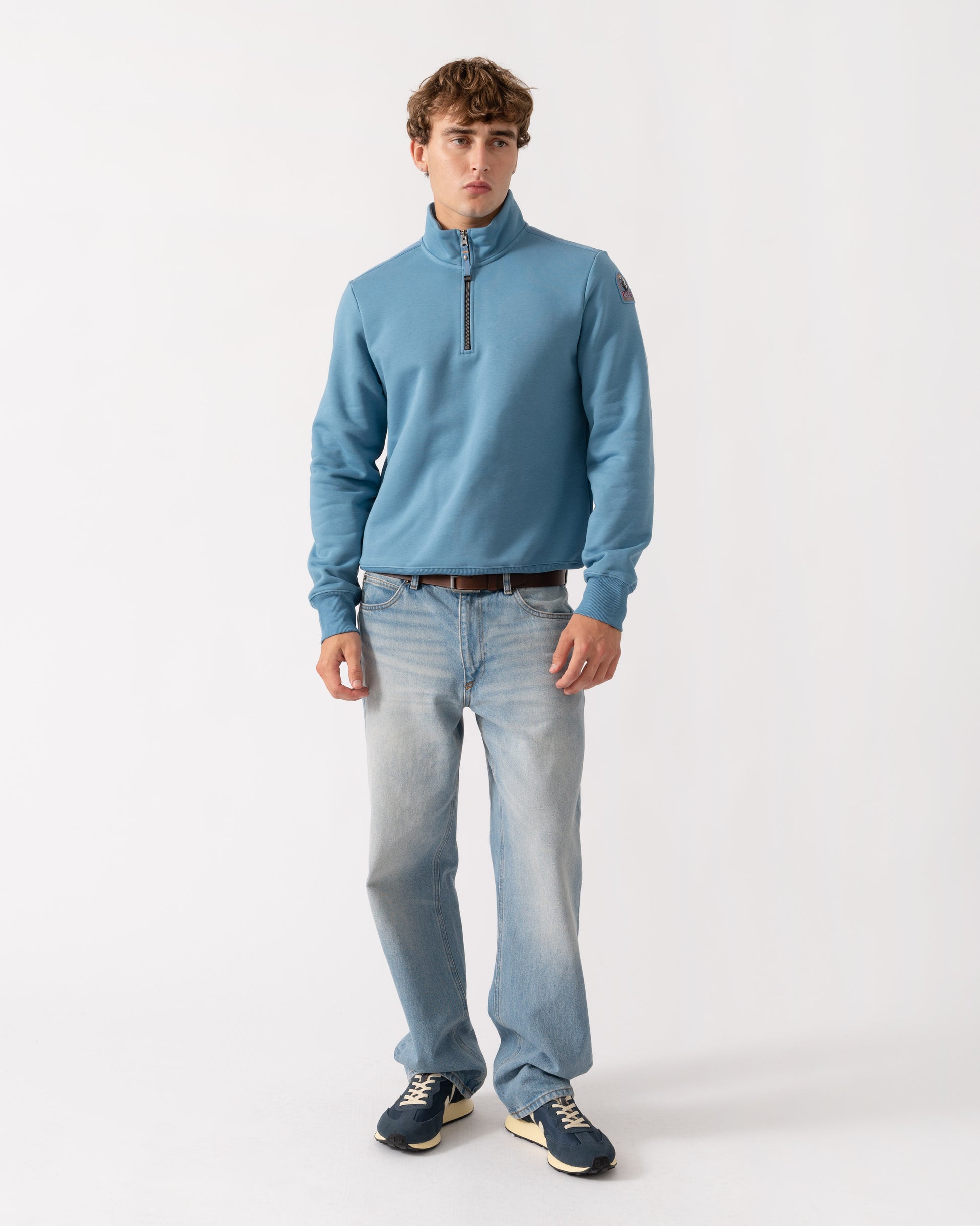 Outfit shot of Parajumpers Broad Peak Mens Quarter Zip Sweatshirt - Sky Steel 138