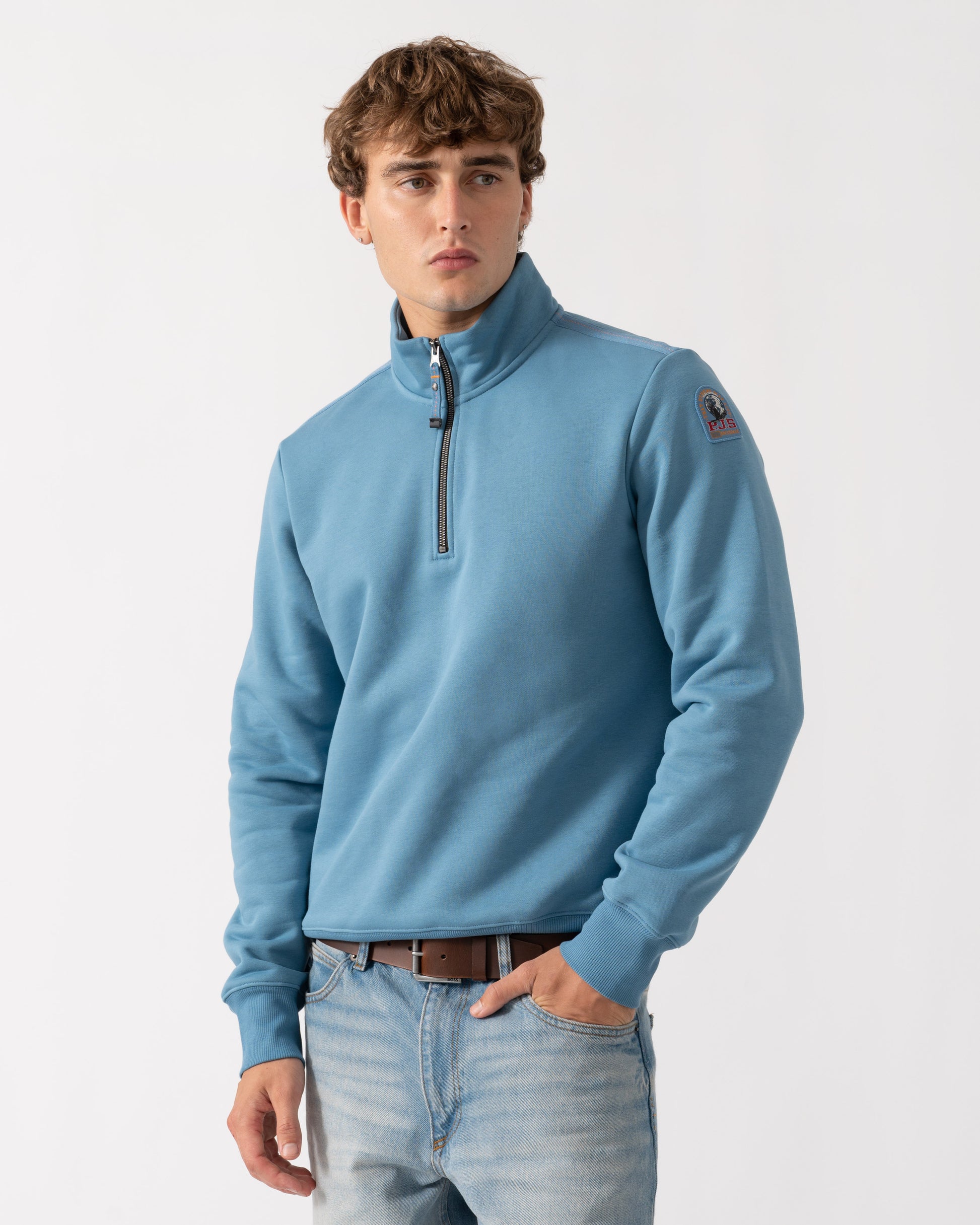 Man wearing Parajumpers Broad Peak Mens Quarter Zip Sweatshirt - Sky Steel 138