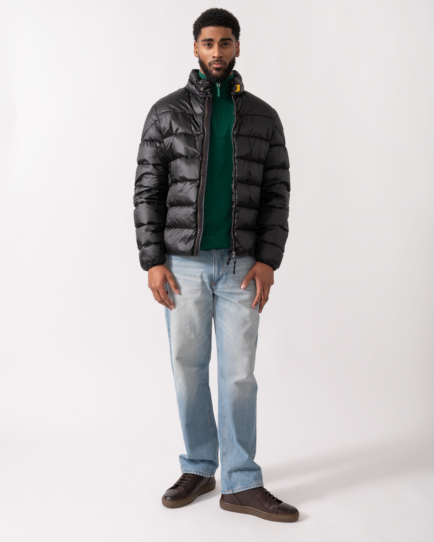 full length shot of a model wearing a Parajumpers Dillon Mens Down Jacket in Black