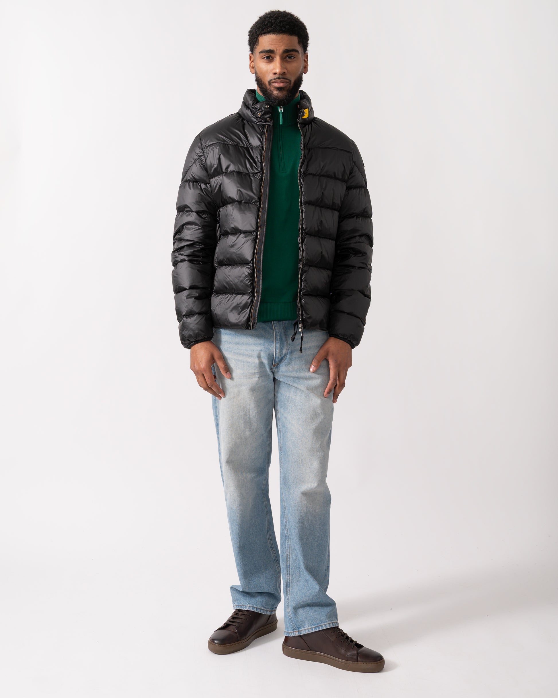 full length shot of a model wearing a Parajumpers Dillon Mens Down Jacket in Black