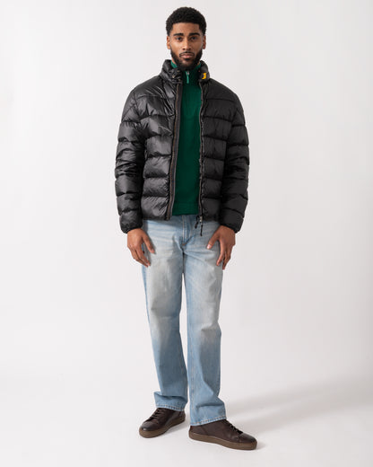 full length shot of a model wearing a Parajumpers Dillon Mens Down Jacket in Black