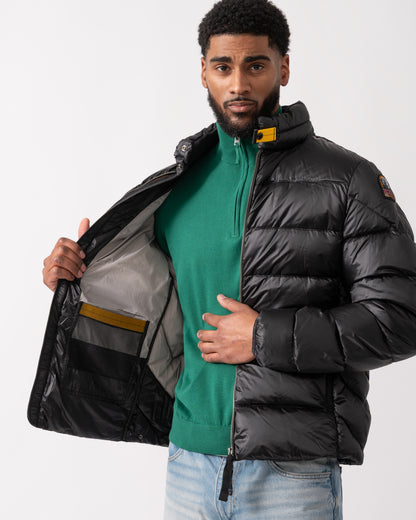 detail of model wearing a Parajumpers Dillon Mens Down Jacket in Black