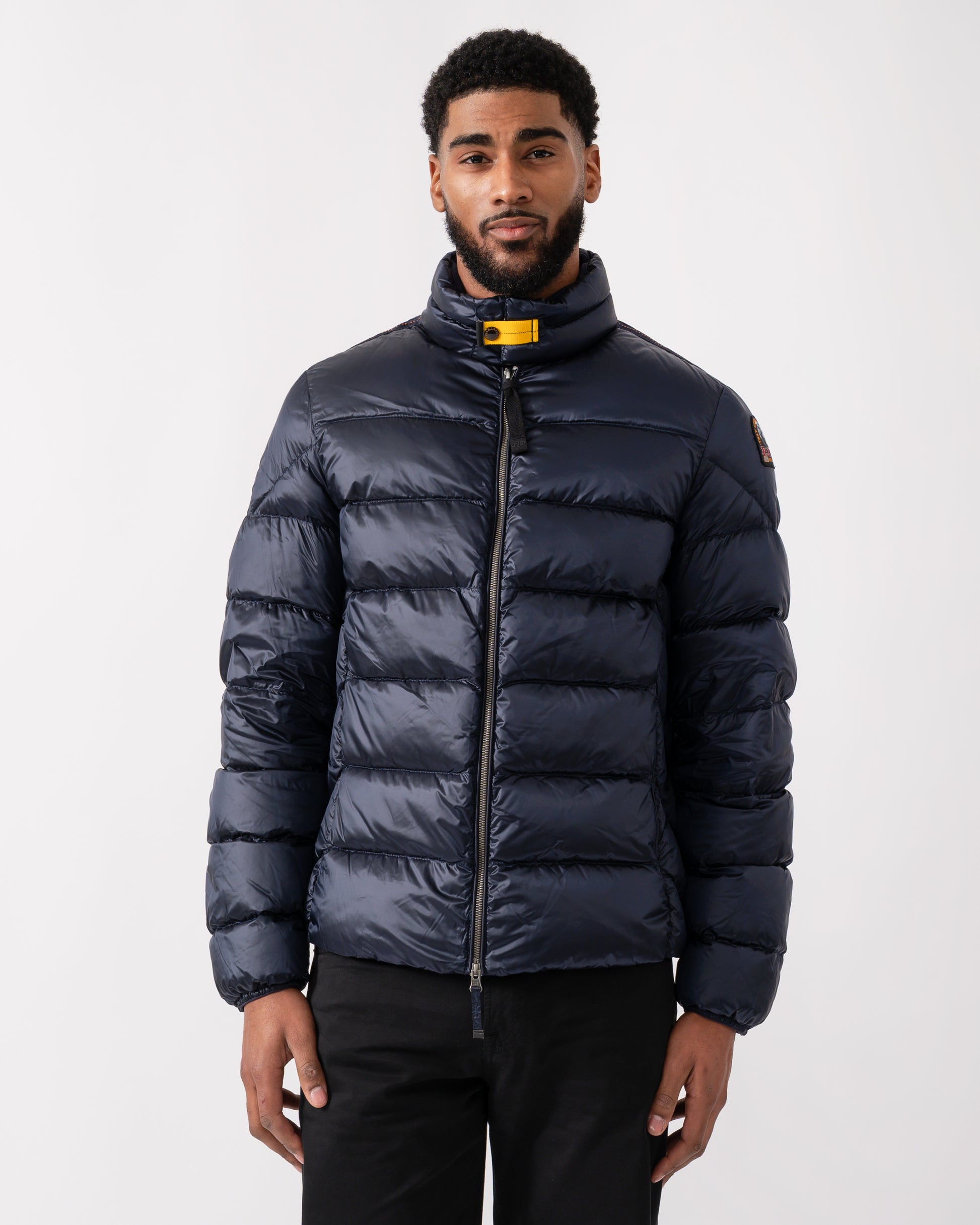 Model wearing a Parajumpers Dillon Mens Down Jacket in Blue Navy