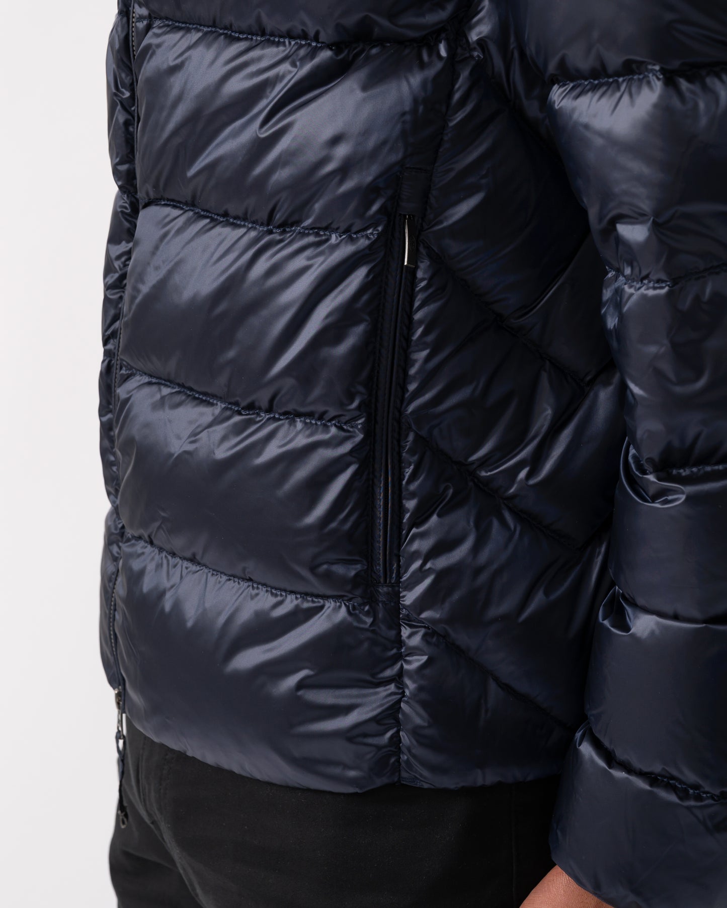 Pocket detail of a Parajumpers Dillon Mens Down Jacket in Blue Navy