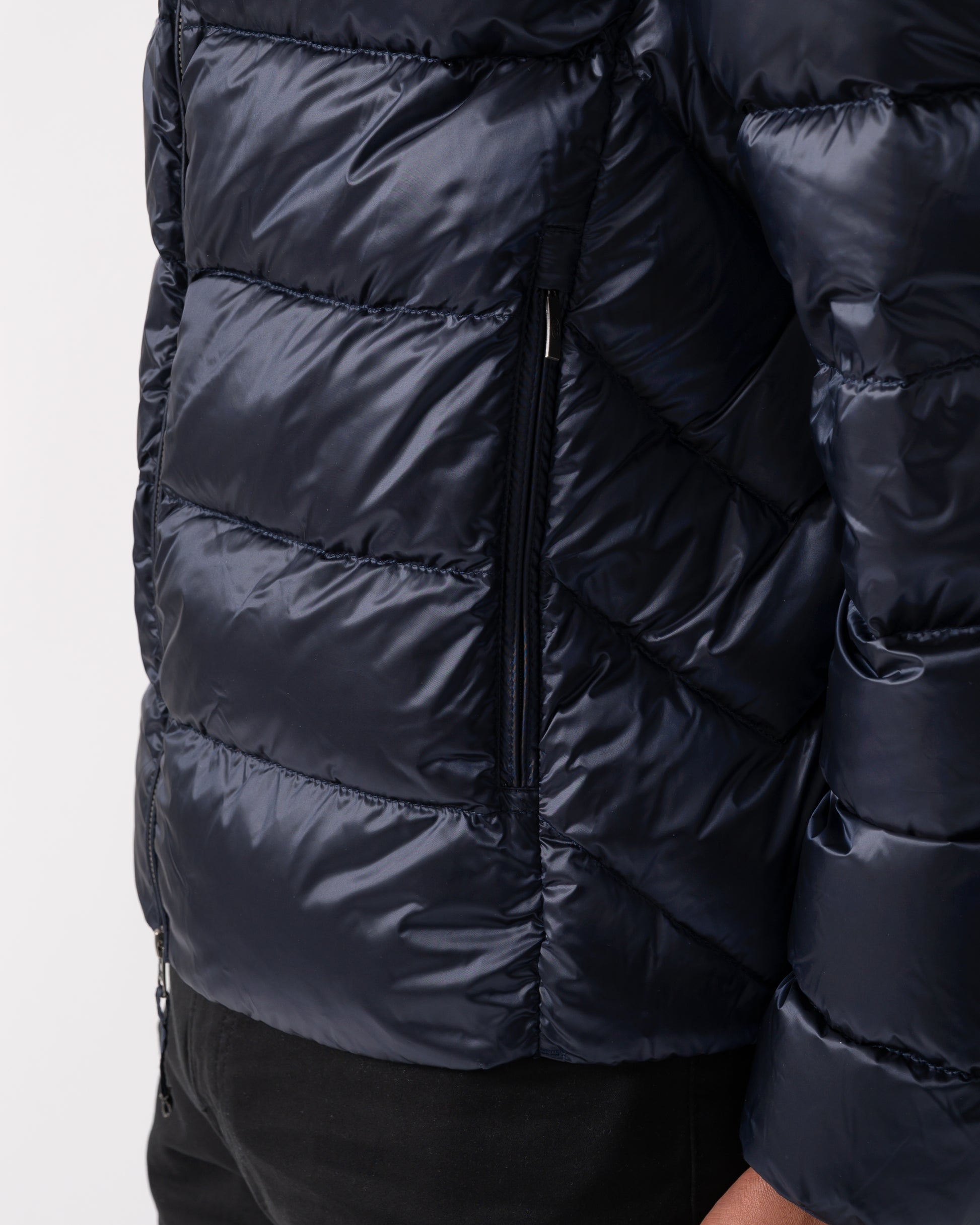 Pocket detail of a Parajumpers Dillon Mens Down Jacket in Blue Navy