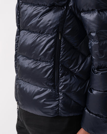 Pocket detail of a Parajumpers Dillon Mens Down Jacket in Blue Navy