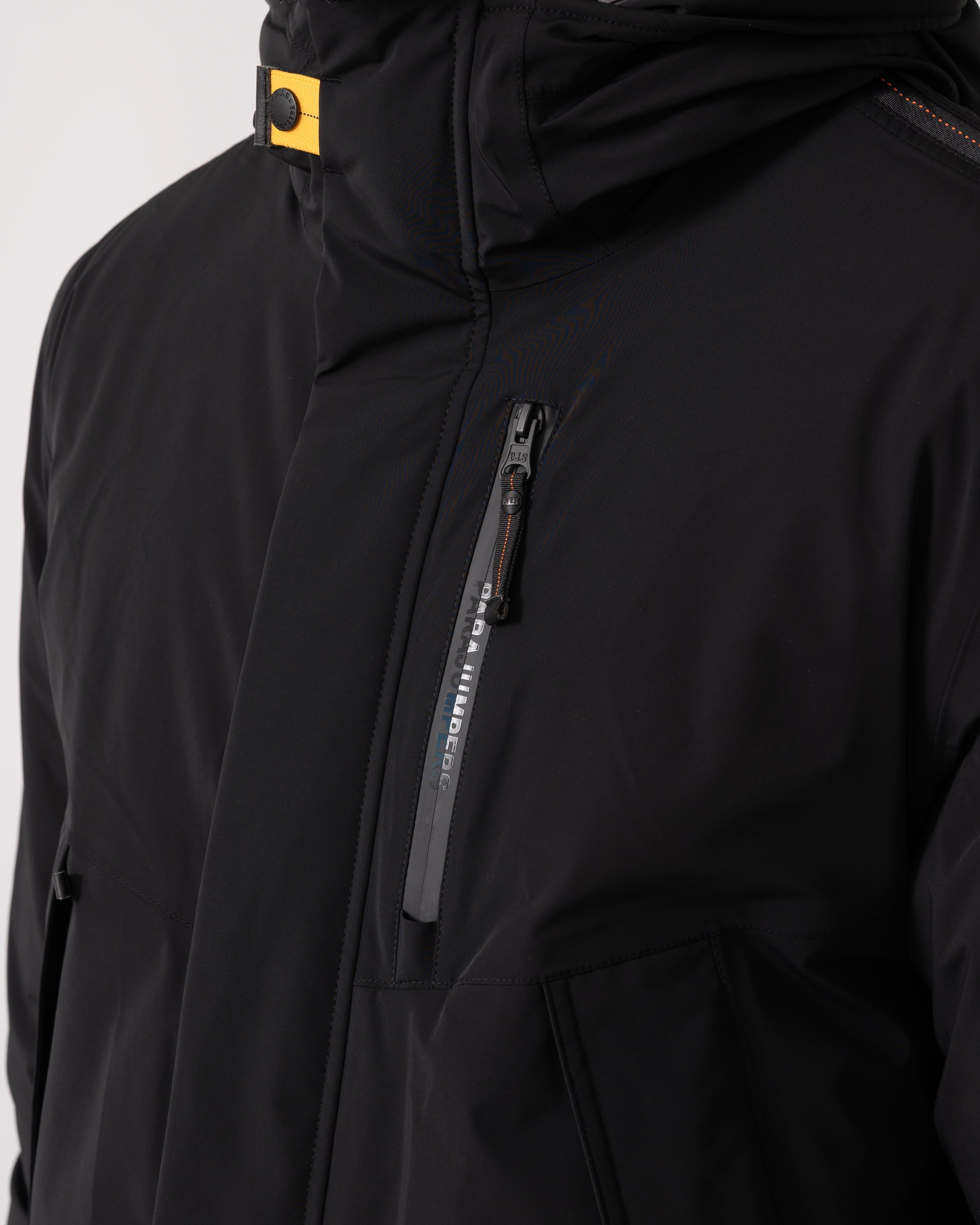 pocket detail of a Parajumpers Easy Mens Hooded Padded Coat in Black