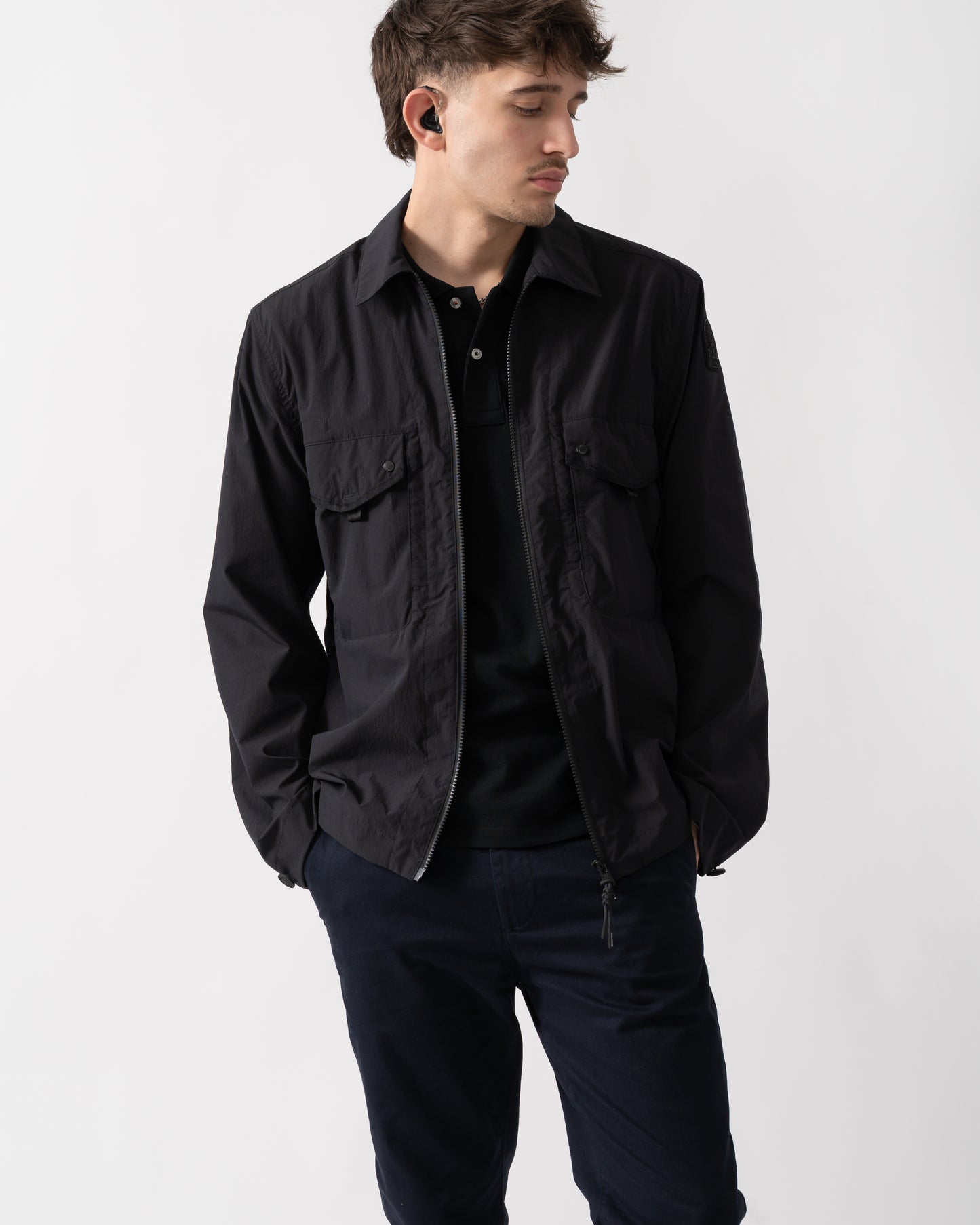 mid shot of a model wearing a Parajumpers Elgin Mens Overshirt in Black 541