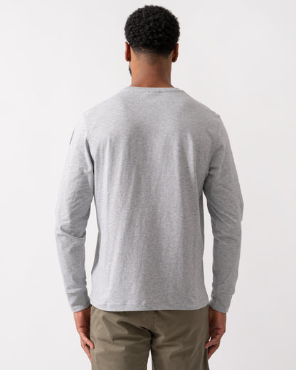 back shot of a model wearing a Parajumpers Kip Mens Long Sleeve T-Shirt in Ash Grey Melange