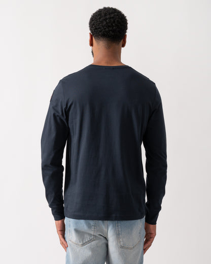 back of a model wearing a Parajumpers Kip Mens Long Sleeve T-Shirt in Blue Navy