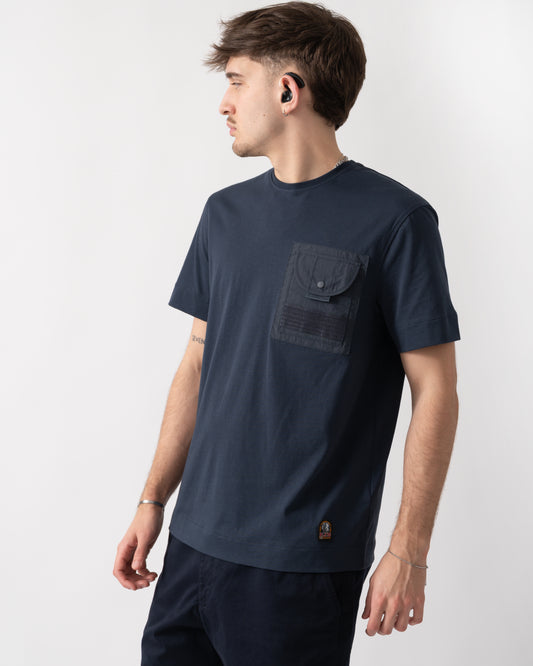 studio shot of a model wearing a Parajumpers Malham Mens T-Shirt in Ink Blue 571