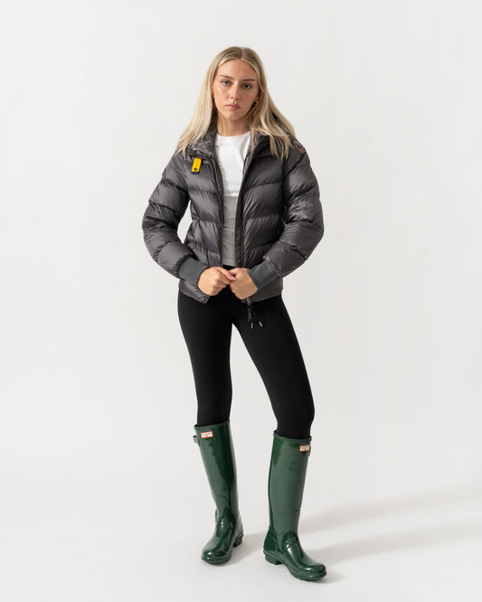 Model wearing the Parajumpers Mariah Womens Hooded Down Bomber Jacket - Graphite Orchid 124