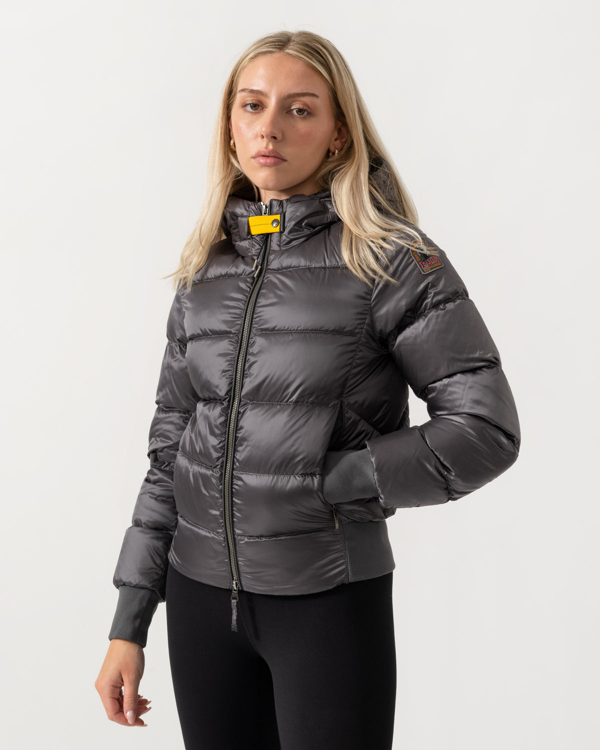 Side of the Parajumpers Mariah Womens Hooded Down Bomber Jacket - Graphite Orchid 124