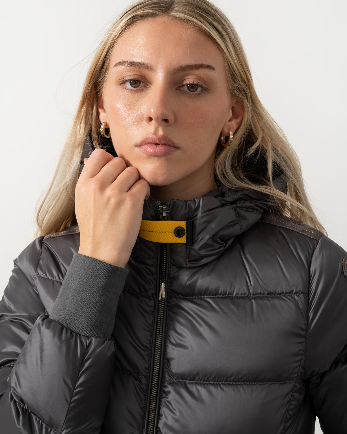 Collar and cuff on the Parajumpers Mariah Womens Hooded Down Bomber Jacket - Graphite Orchid 124