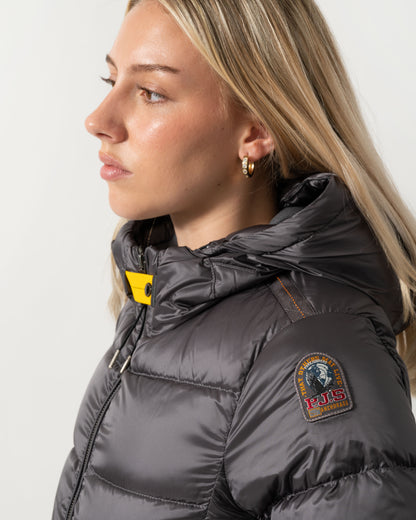 Logo patch on the Parajumpers Mariah Womens Hooded Down Bomber Jacket - Graphite Orchid 124