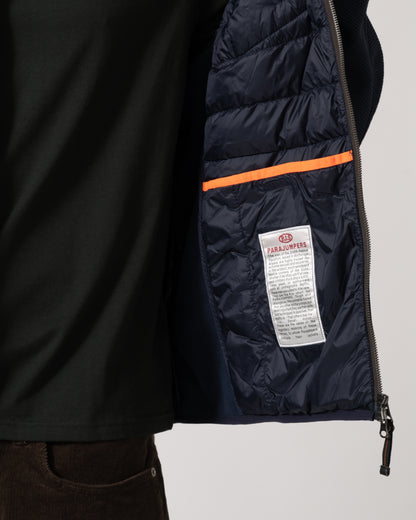 Studio photograph showing the inside of a Parajumpers Nolan Mens Hybrid Hooded Jacket in Blue Navy 316