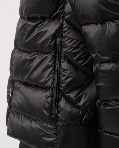 detail of a Parajumpers Pharrell Mens Hooded Down Bomber in Black