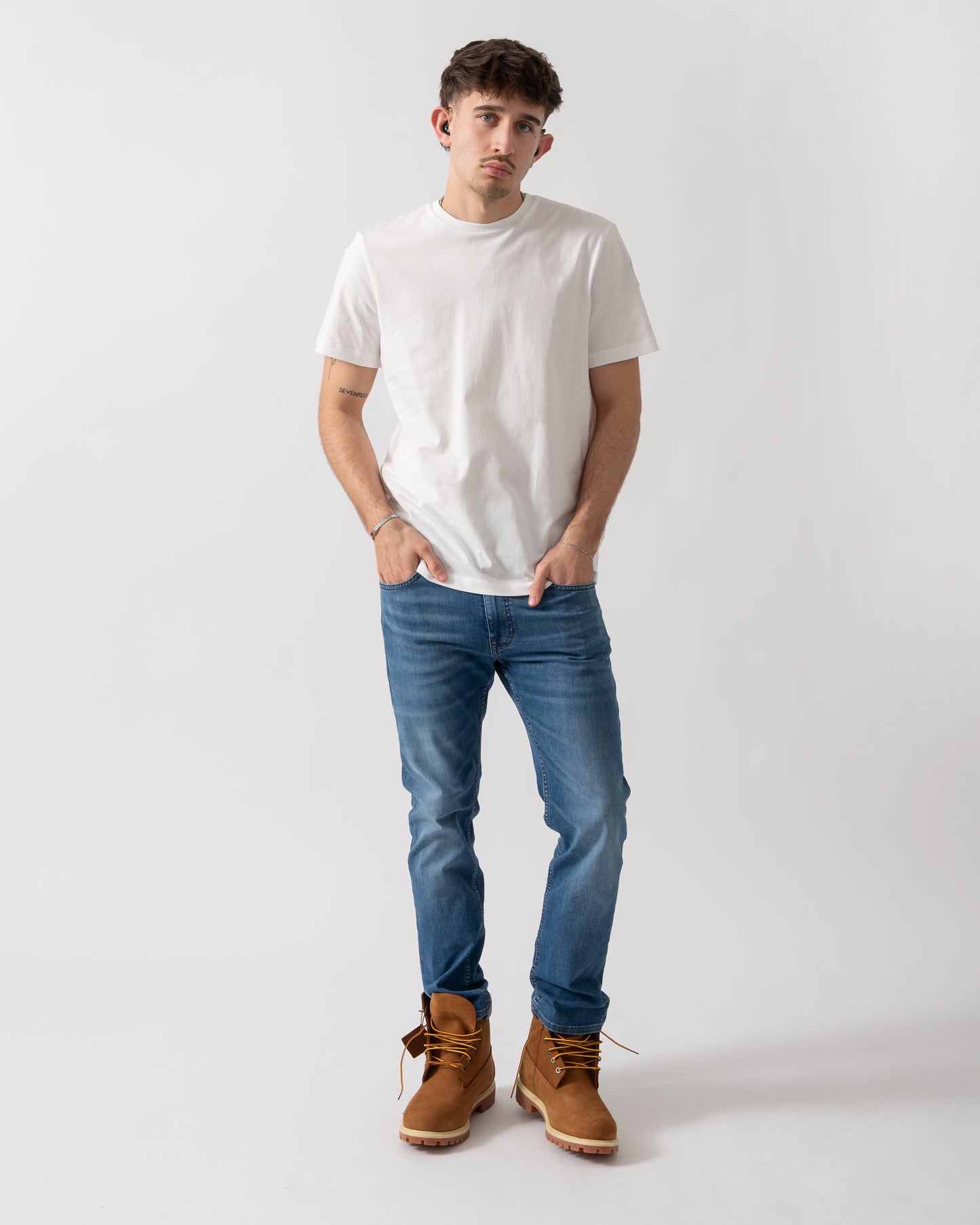 full length shot of a model wearing s Parajumpers Shispare Mens T-Shirt in White 501