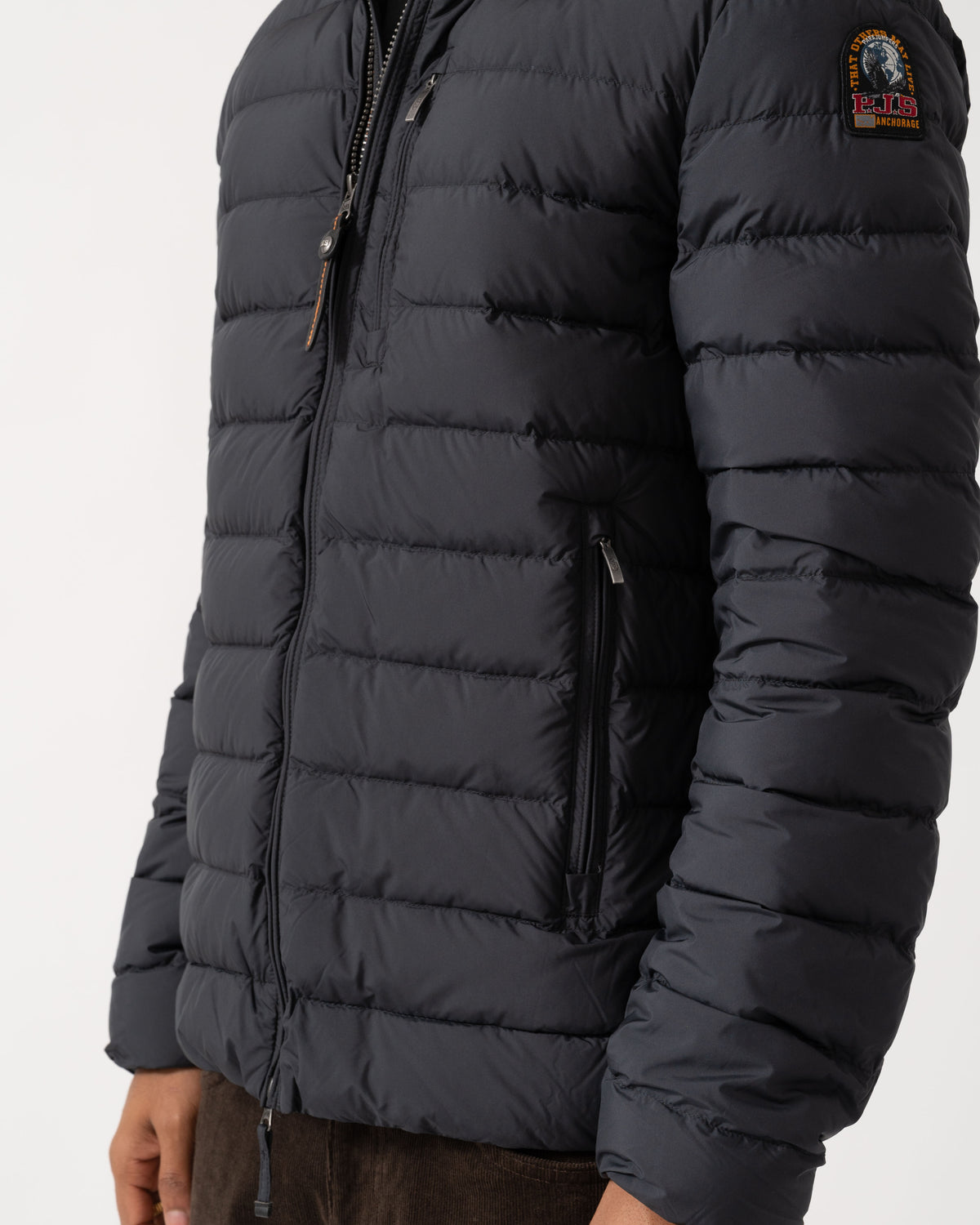 Outer pocket detail on the Parajumpers Last Minute Mens Down Jacket with Hood - Black 541