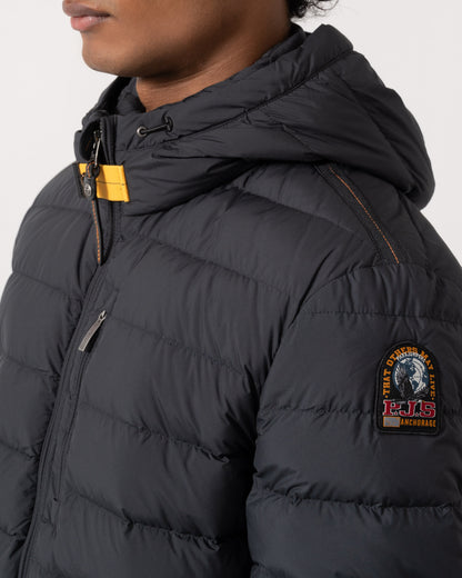 Logo patch detail on the Parajumpers Last Minute Mens Down Jacket with Hood - Black 541