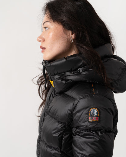 logo patch of Parajumpers Leah Womens Hooded Down Coat - Black 541