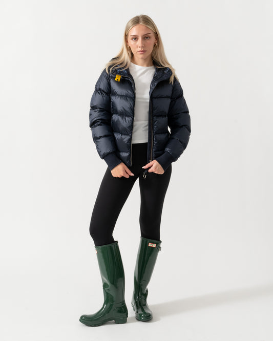 Unzipped jacket on the Parajumpers Mariah Womens Hooded Down Bomber Jacket - Blue Navy 316